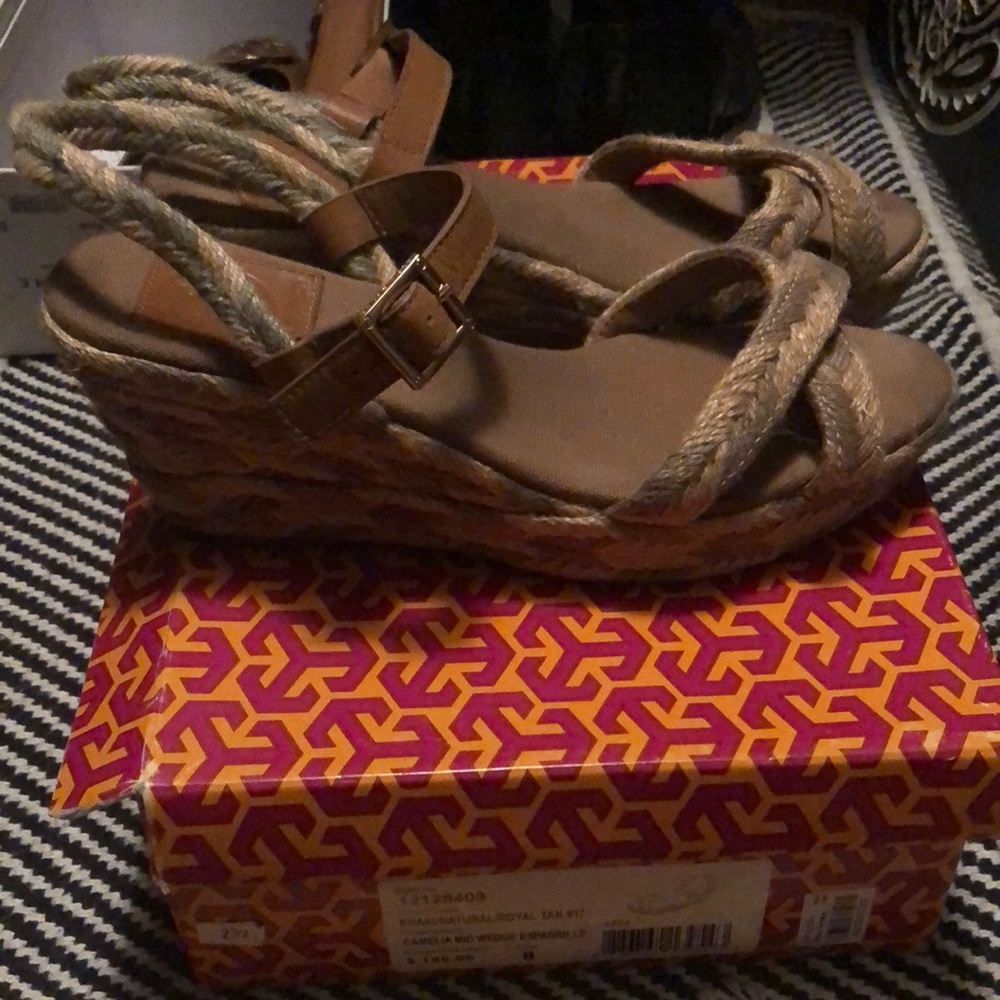 Tory Burch Khaki/Royal Tan Camelia Mid Wedge Espadrille Sz 8 - Picture 2 of 6